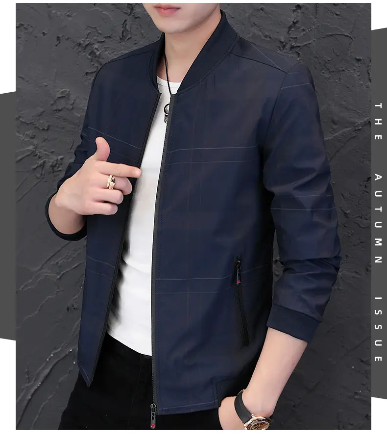 Men's Navy Blue Casual Jacket with Baseball Collar — feature 7