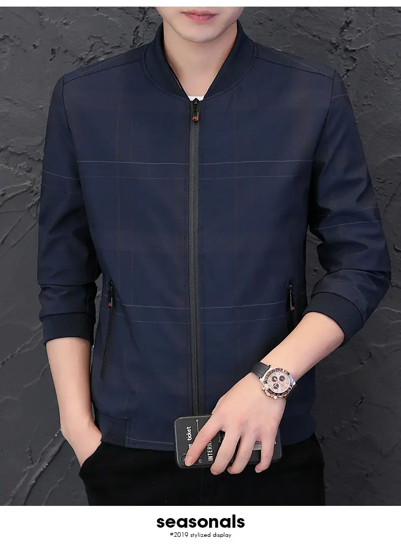 Men's Navy Blue Casual Jacket with Baseball Collar — feature 8