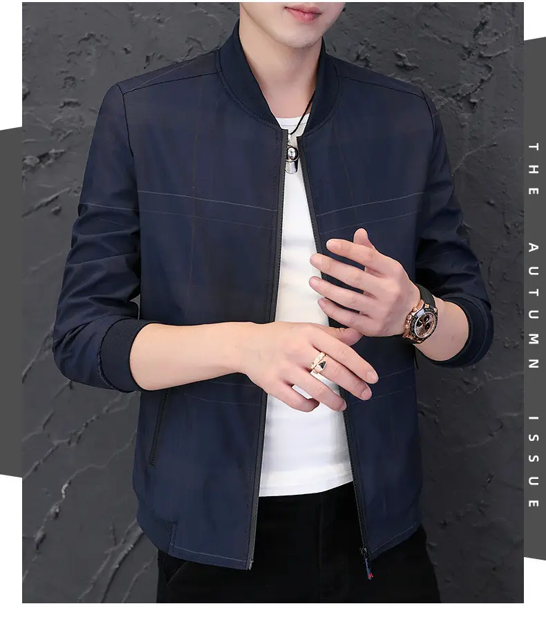 Men's Navy Blue Casual Jacket with Baseball Collar — feature 9