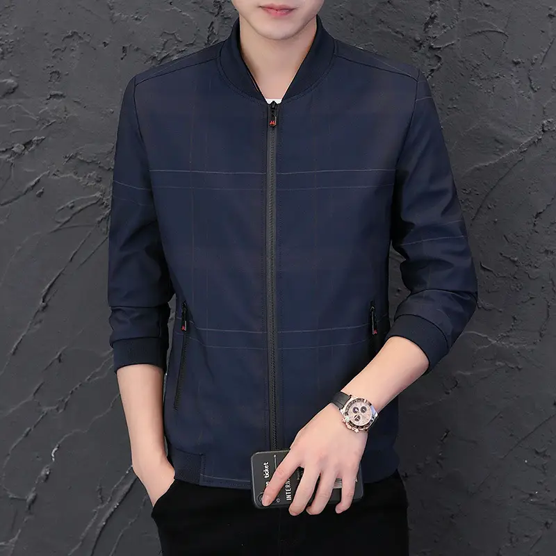 Men's Navy Blue Casual Jacket with Baseball Collar - Image 2