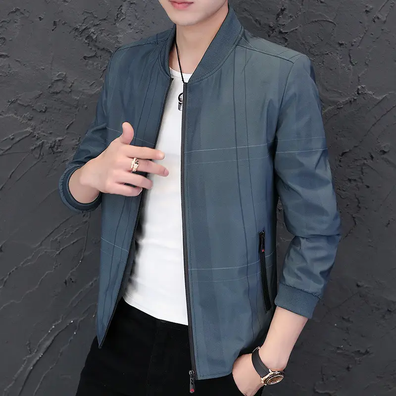 Men's Navy Blue Casual Jacket with Baseball Collar - Image 3