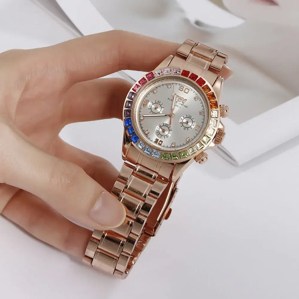 Women's Gold Diamond Watch with Rhinestone Band - Image 7
