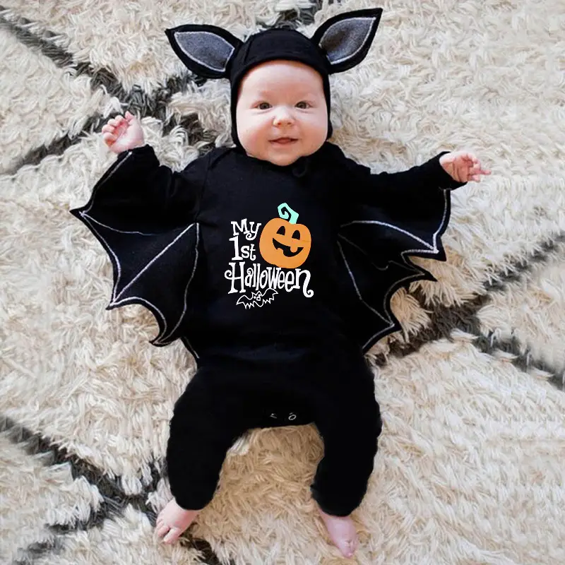 Halloween Baby Skull Print Bat Suit Black - Image 4