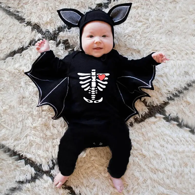 Halloween Baby Skull Print Bat Suit Black - Image 5