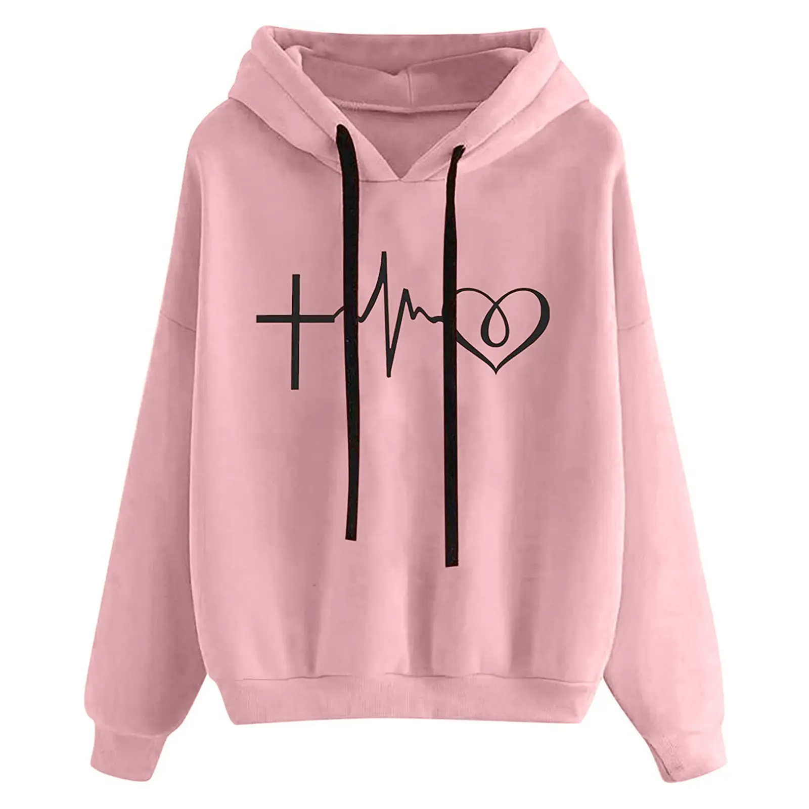 Women's Pink Heart Print Hoodie Sweatshirt - Image 5