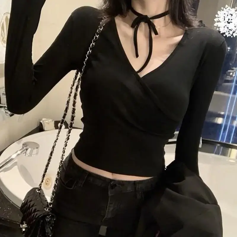 Women Grey V Neck Long Sleeve T-Shirt Slimming - Image 9