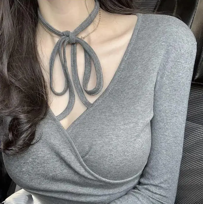 Women Grey V Neck Long Sleeve T-Shirt Slimming - Image 2