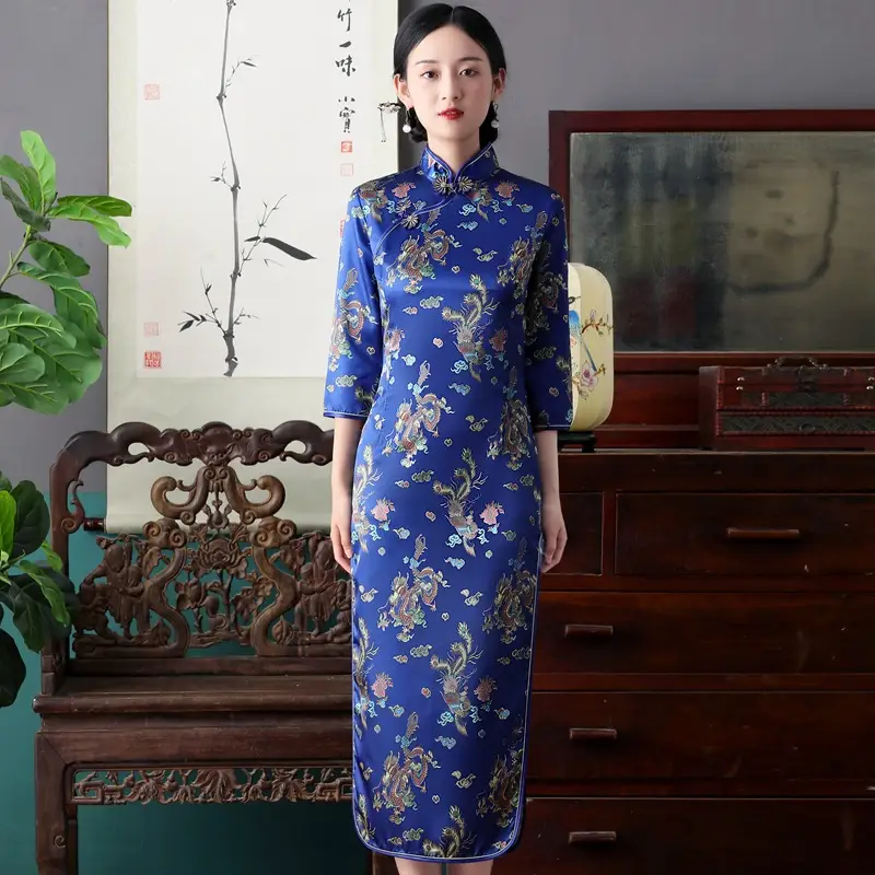 Red French Cheongsam 2021 Long Sleeve Mom Performance Dress - Image 4
