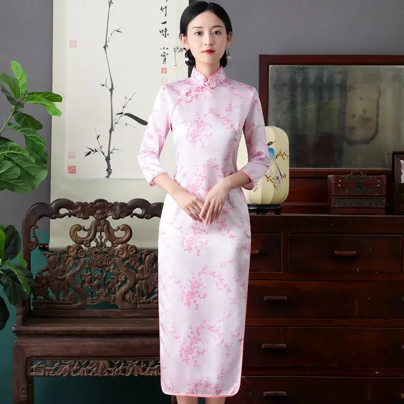 Red French Cheongsam 2021 Long Sleeve Mom Performance Dress - Image 15