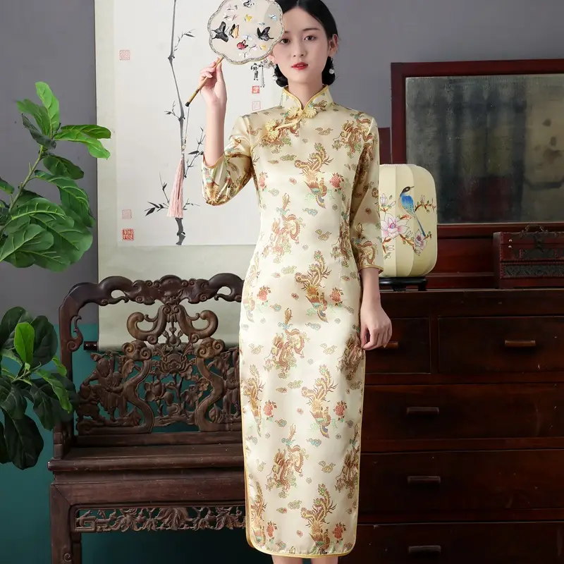 Red French Cheongsam 2021 Long Sleeve Mom Performance Dress - Image 6