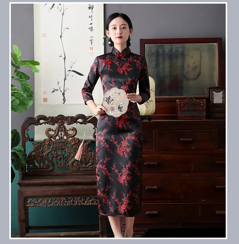 Red French Cheongsam 2021 Long Sleeve Mom Performance Dress — feature 22