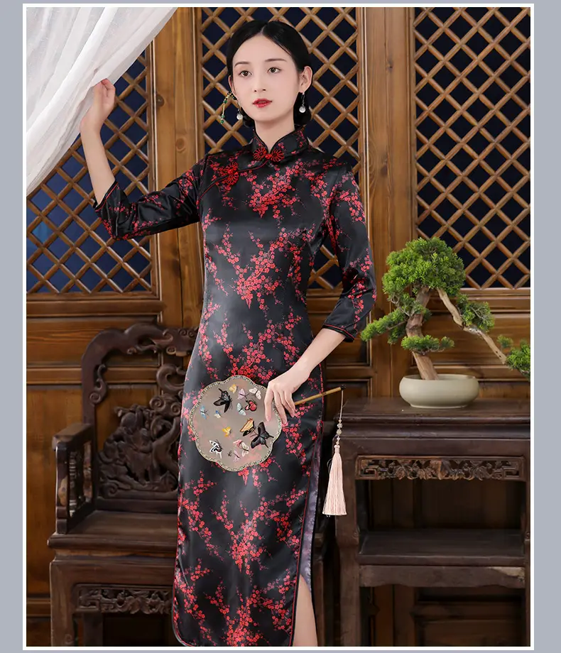 Red French Cheongsam 2021 Long Sleeve Mom Performance Dress — feature 23