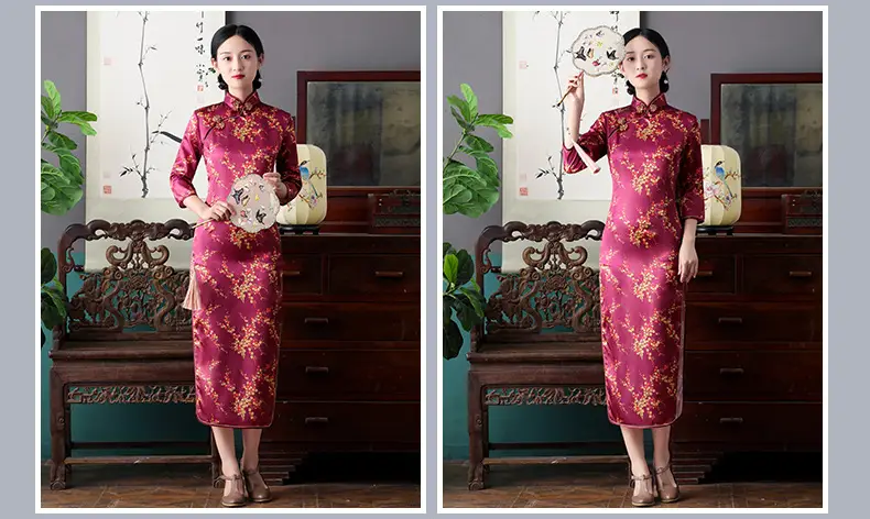 Red French Cheongsam 2021 Long Sleeve Mom Performance Dress — feature 24