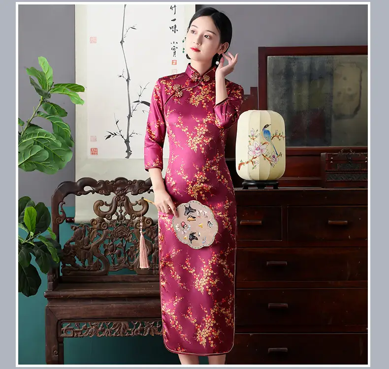 Red French Cheongsam 2021 Long Sleeve Mom Performance Dress — feature 25