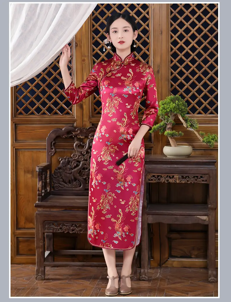 Red French Cheongsam 2021 Long Sleeve Mom Performance Dress — feature 26