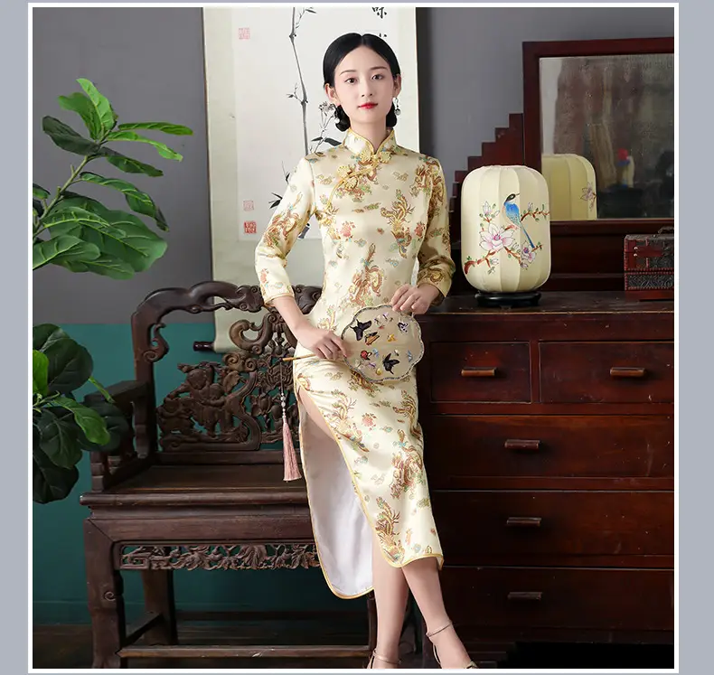 Red French Cheongsam 2021 Long Sleeve Mom Performance Dress — feature 36