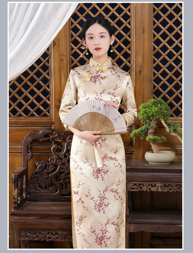 Red French Cheongsam 2021 Long Sleeve Mom Performance Dress — feature 38