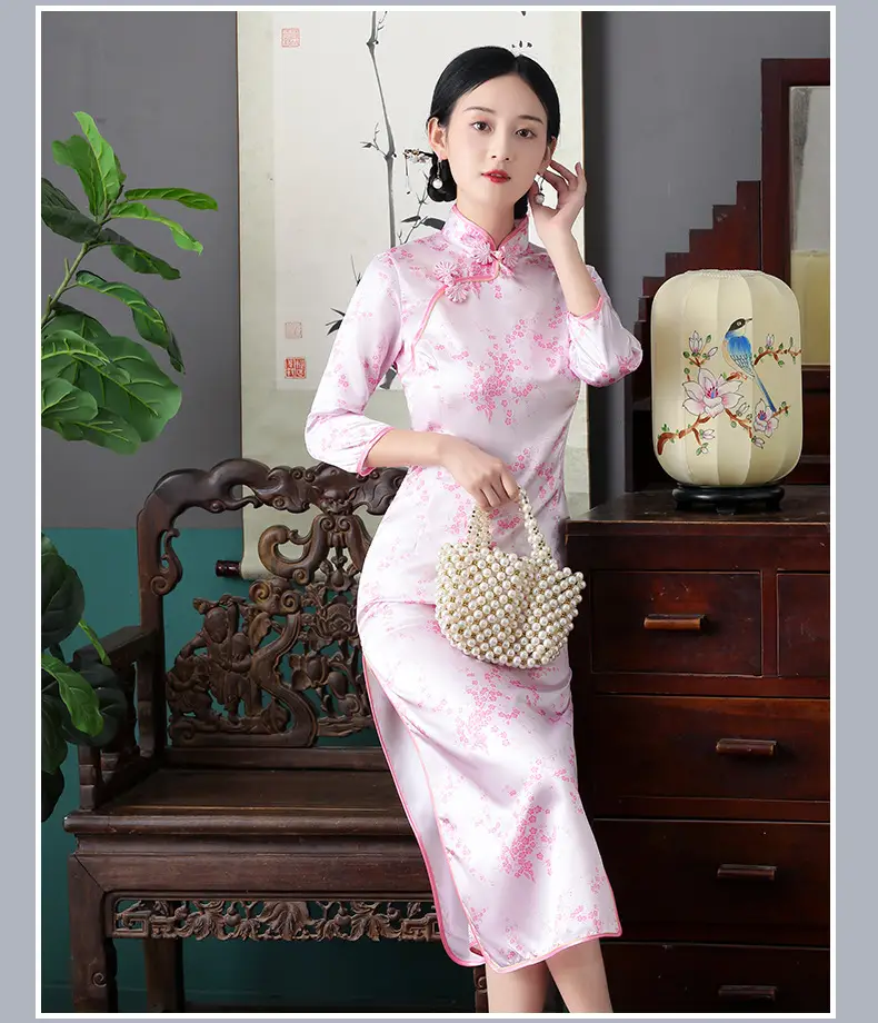 Red French Cheongsam 2021 Long Sleeve Mom Performance Dress — feature 39