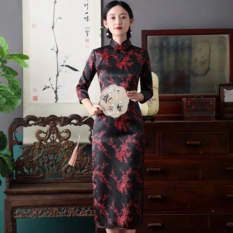 Red French Cheongsam 2021 Long Sleeve Mom Performance Dress - Image 10