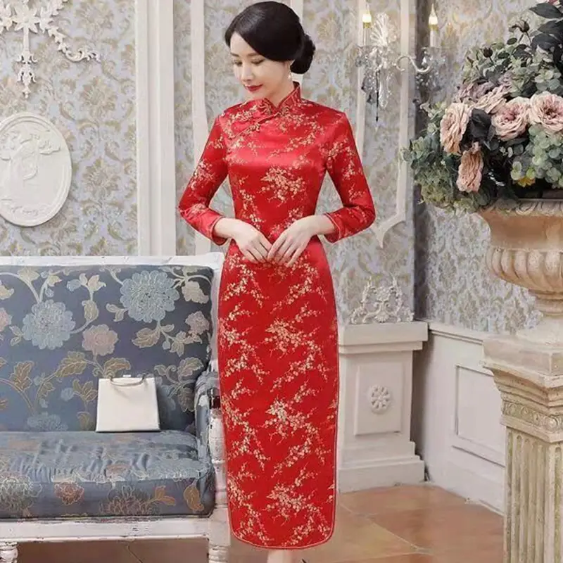 Red French Cheongsam 2021 Long Sleeve Mom Performance Dress - Image 13
