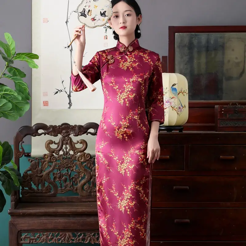 Red French Cheongsam 2021 Long Sleeve Mom Performance Dress - Image 14
