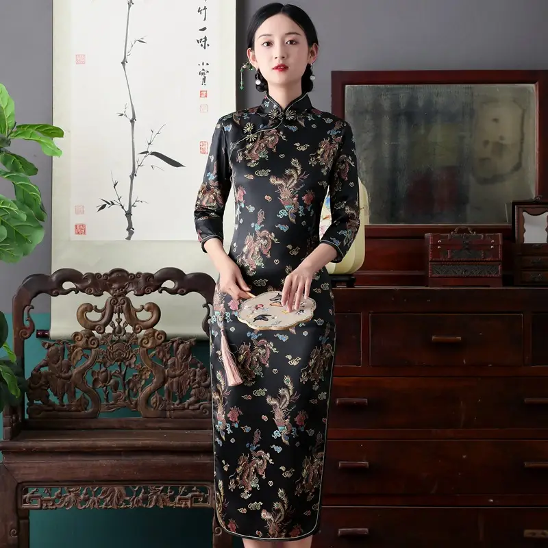 Red French Cheongsam 2021 Long Sleeve Mom Performance Dress - Image 5