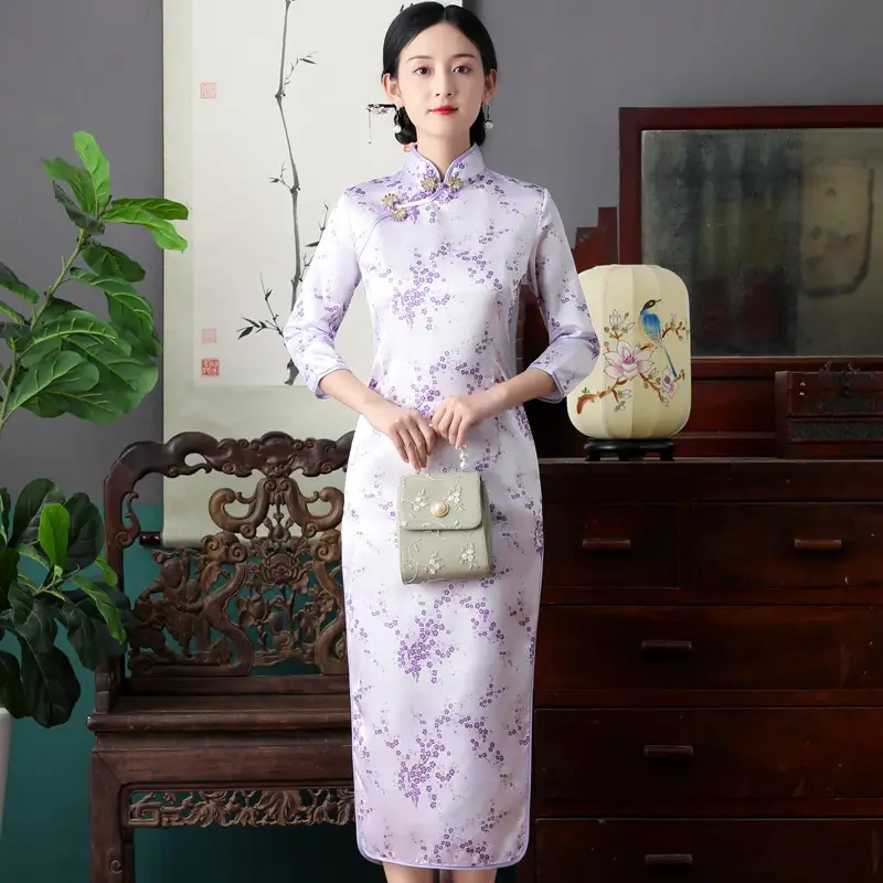 Red French Cheongsam 2021 Long Sleeve Mom Performance Dress - Image 7