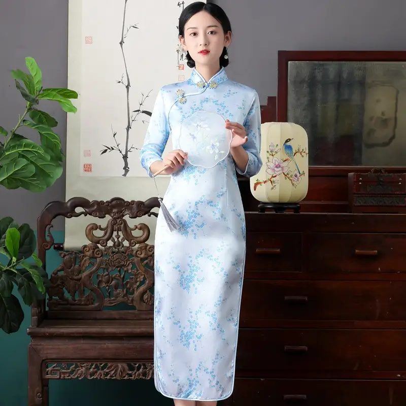 Red French Cheongsam 2021 Long Sleeve Mom Performance Dress - Image 8