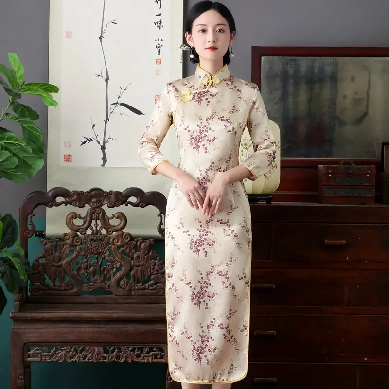 Red French Cheongsam 2021 Long Sleeve Mom Performance Dress - Image 9