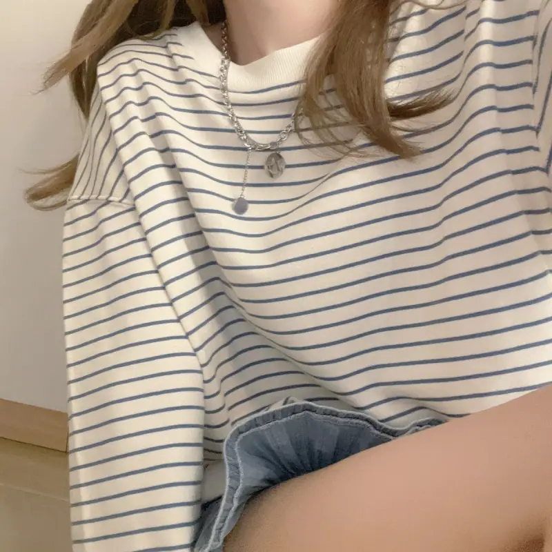 Women Striped Long Sleeve Sweatshirt 2024 Spring Fall Korean Style