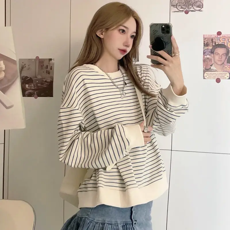 Women Striped Long Sleeve Sweatshirt 2024 Spring Fall Korean Style