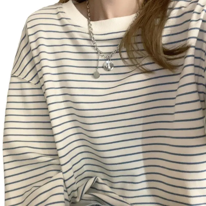 Women Striped Long Sleeve Sweatshirt 2024 Spring Fall Korean Style