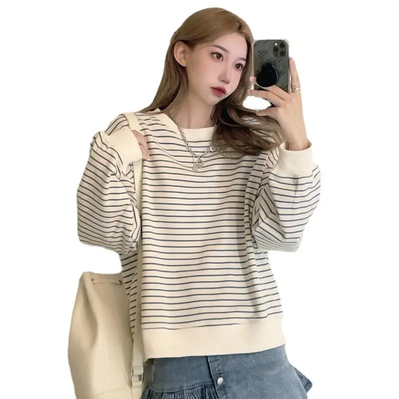 Women Striped Long Sleeve Sweatshirt 2024 Spring Fall Korean Style