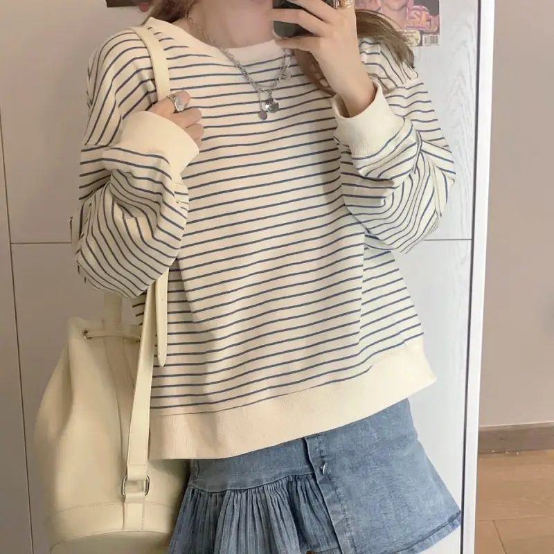 Women Striped Long Sleeve Sweatshirt 2024 Spring Fall Korean Style — feature 10