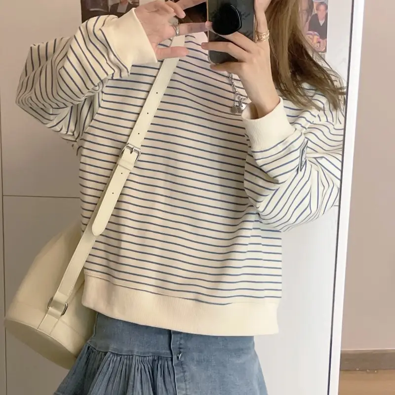 Women Striped Long Sleeve Sweatshirt 2024 Spring Fall Korean Style — feature 11