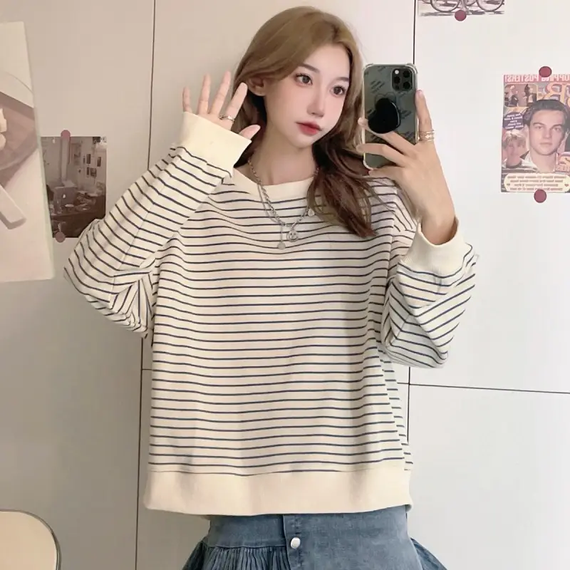 Women Striped Long Sleeve Sweatshirt 2024 Spring Fall Korean Style — feature 13