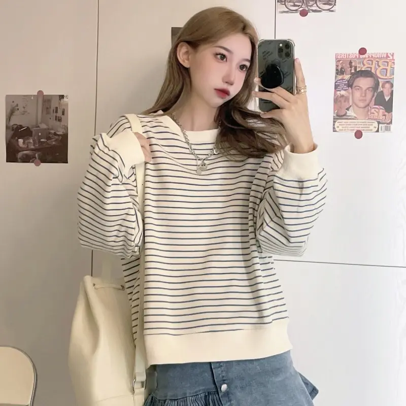 Women Striped Long Sleeve Sweatshirt 2024 Spring Fall Korean Style — feature 5