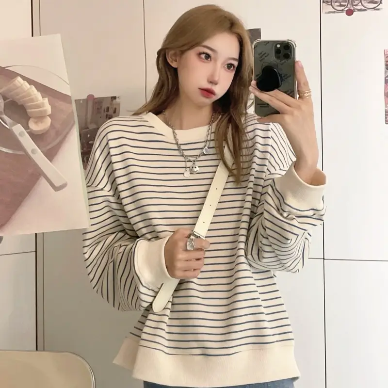 Women Striped Long Sleeve Sweatshirt 2024 Spring Fall Korean Style — feature 6