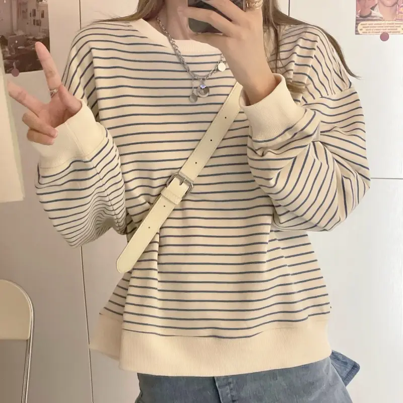 Women Striped Long Sleeve Sweatshirt 2024 Spring Fall Korean Style — feature 8