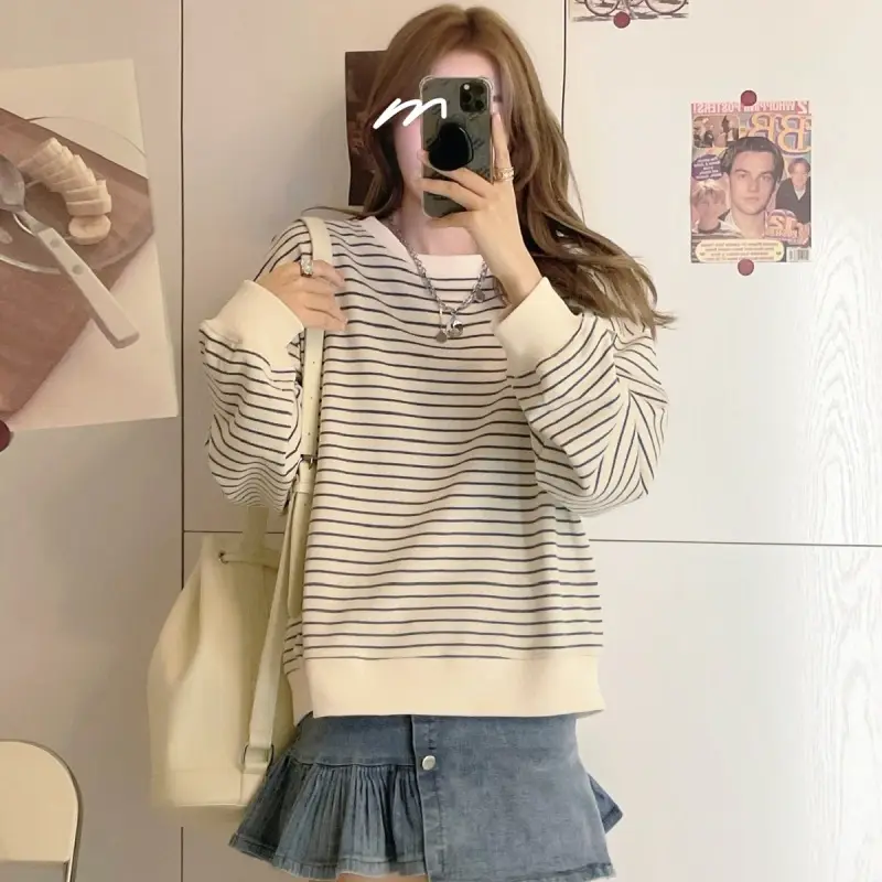 Women Striped Long Sleeve Sweatshirt 2024 Spring Fall Korean Style — feature 9