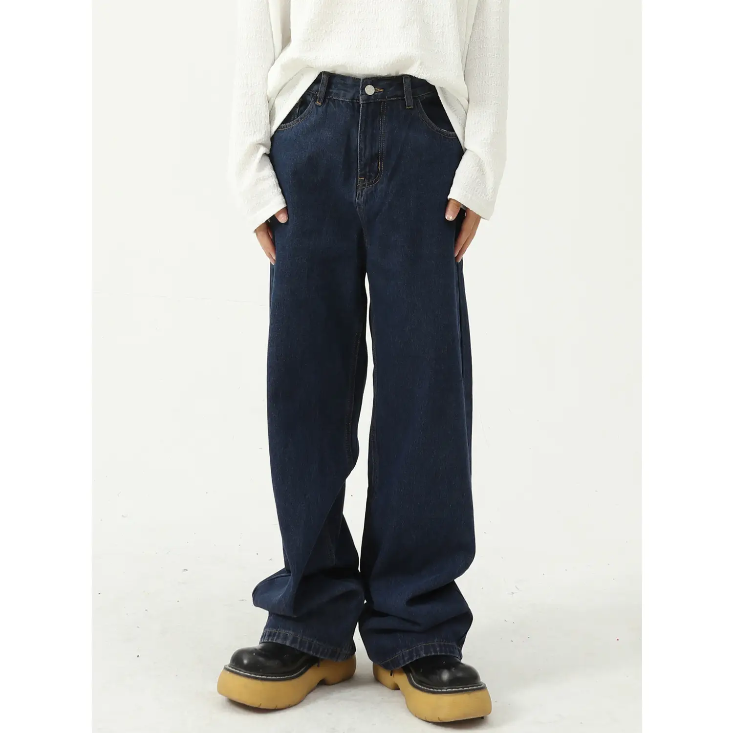 Dark Blue Slim Fit Jeans for Men Women Mid Waist