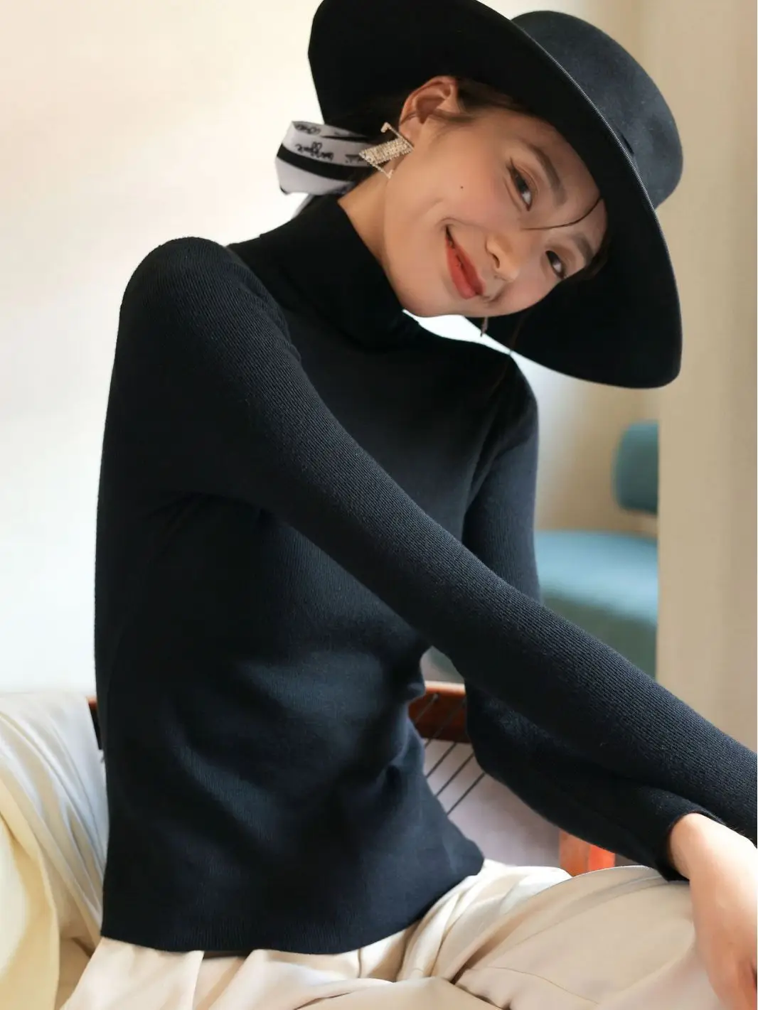 Women Knitted Stacked Collar Top Blue Slim Fit