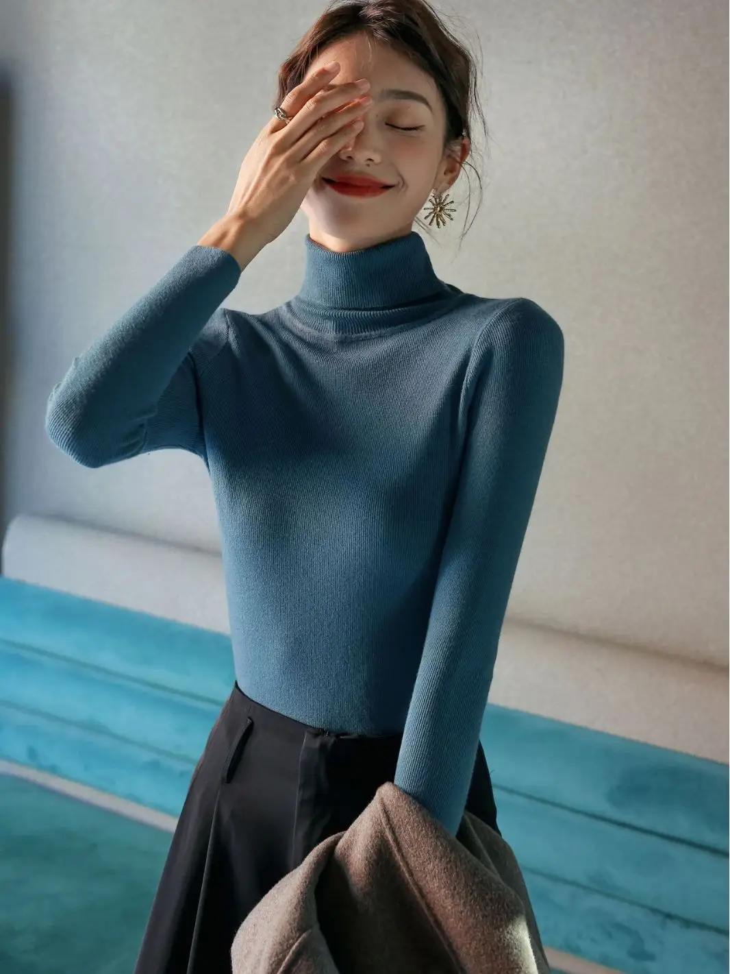 Women Knitted Stacked Collar Top Blue Slim Fit