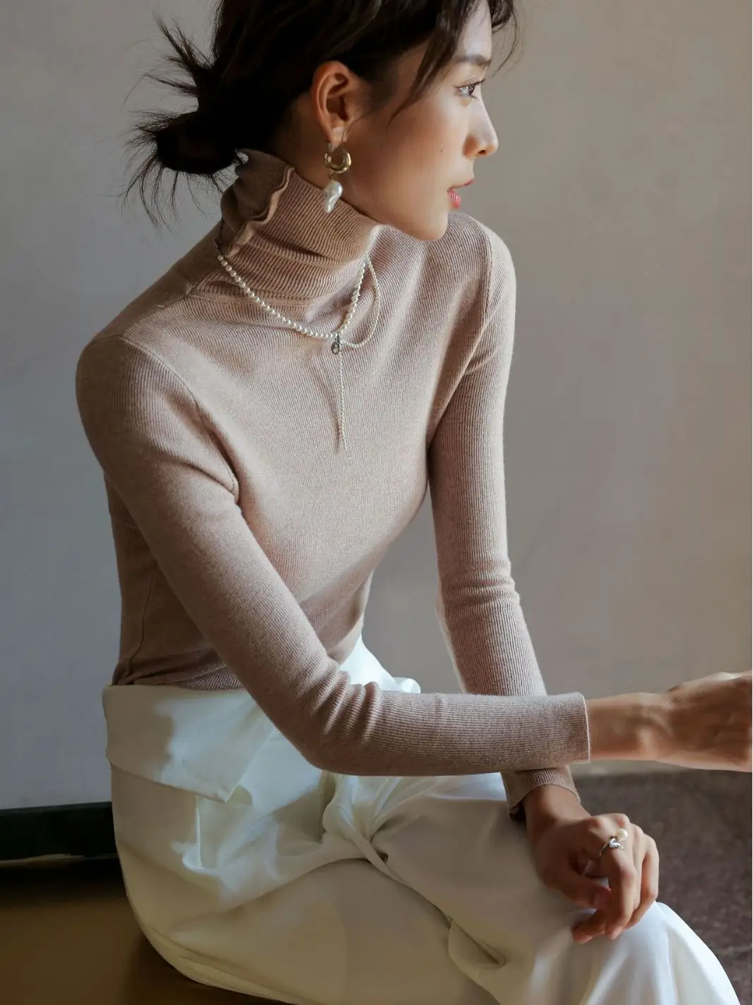 Women Knitted Stacked Collar Top Blue Slim Fit