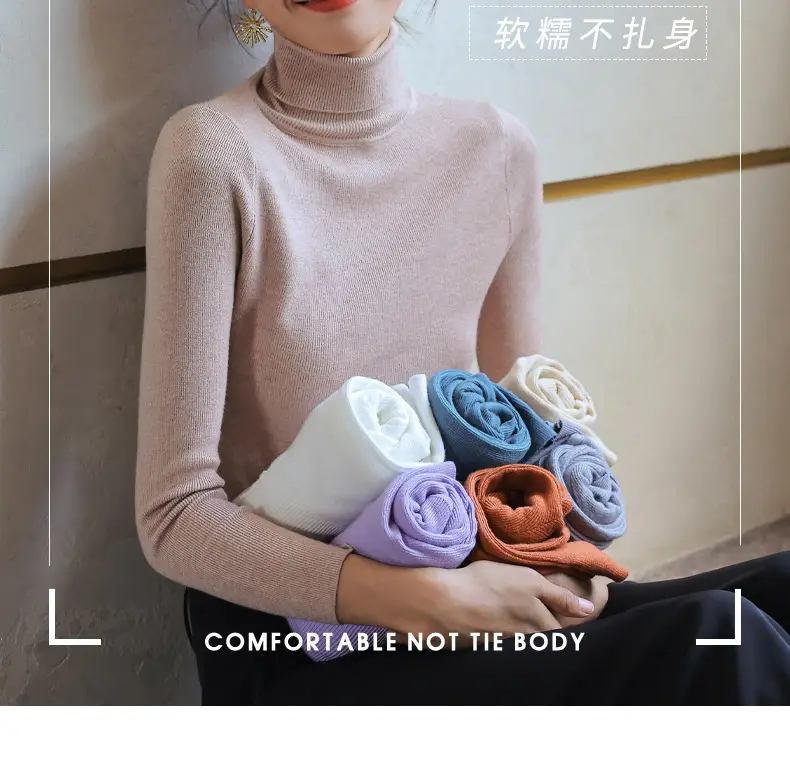 Women Knitted Stacked Collar Top Blue Slim Fit — feature 15
