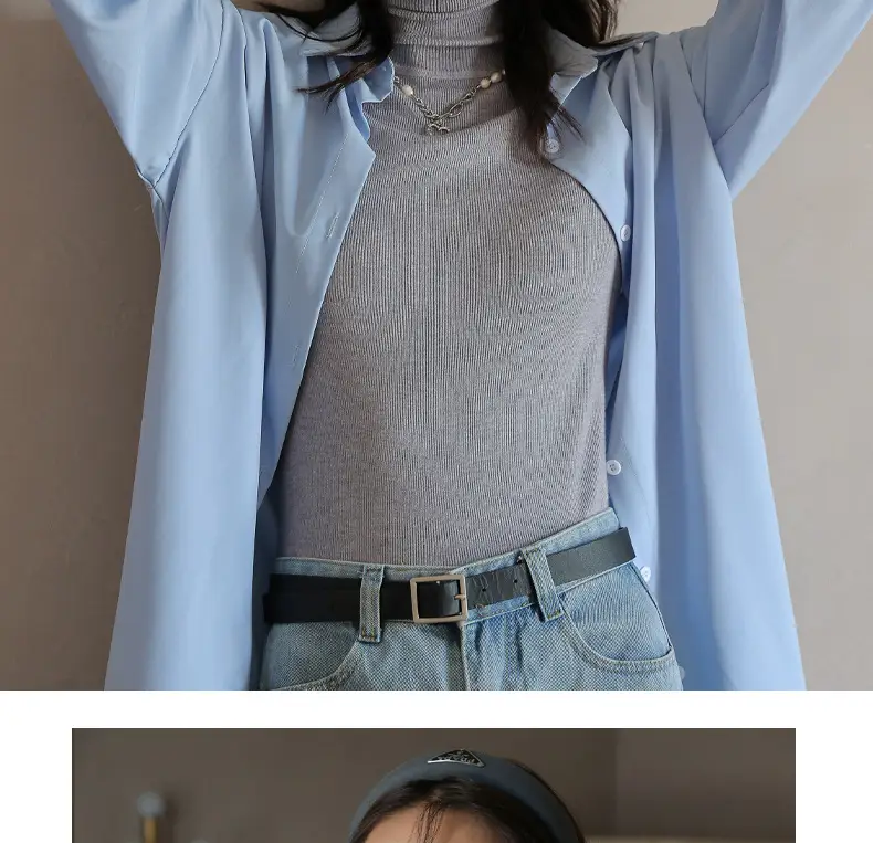 Women Knitted Stacked Collar Top Blue Slim Fit — feature 20