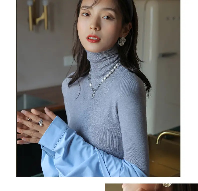 Women Knitted Stacked Collar Top Blue Slim Fit — feature 21