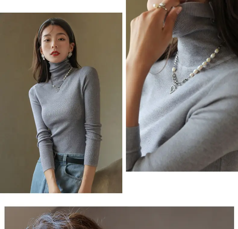 Women Knitted Stacked Collar Top Blue Slim Fit — feature 22