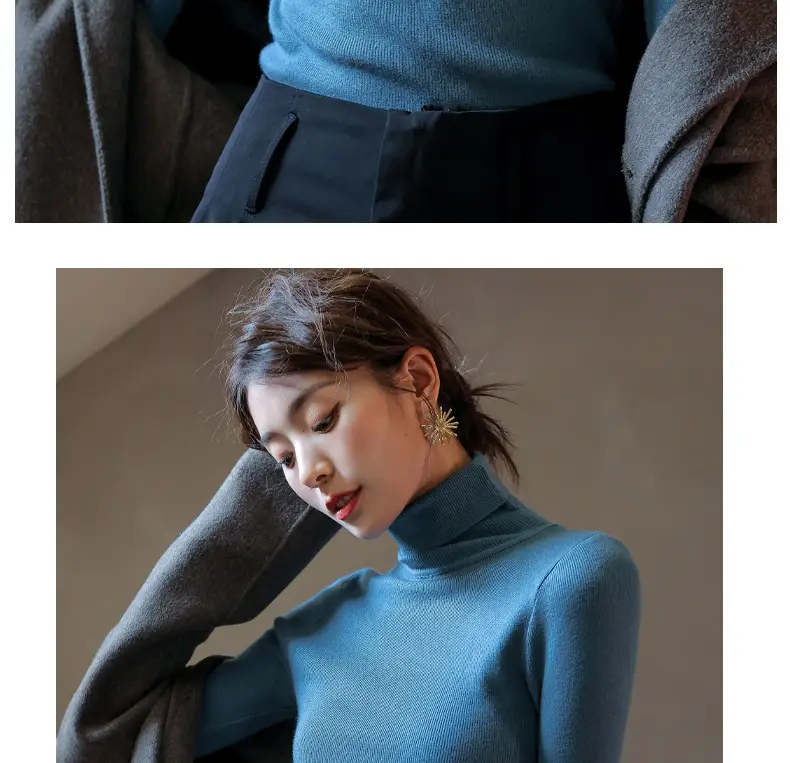 Women Knitted Stacked Collar Top Blue Slim Fit — feature 24