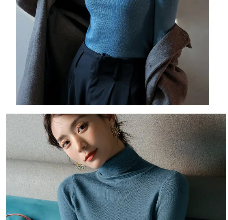 Women Knitted Stacked Collar Top Blue Slim Fit — feature 25